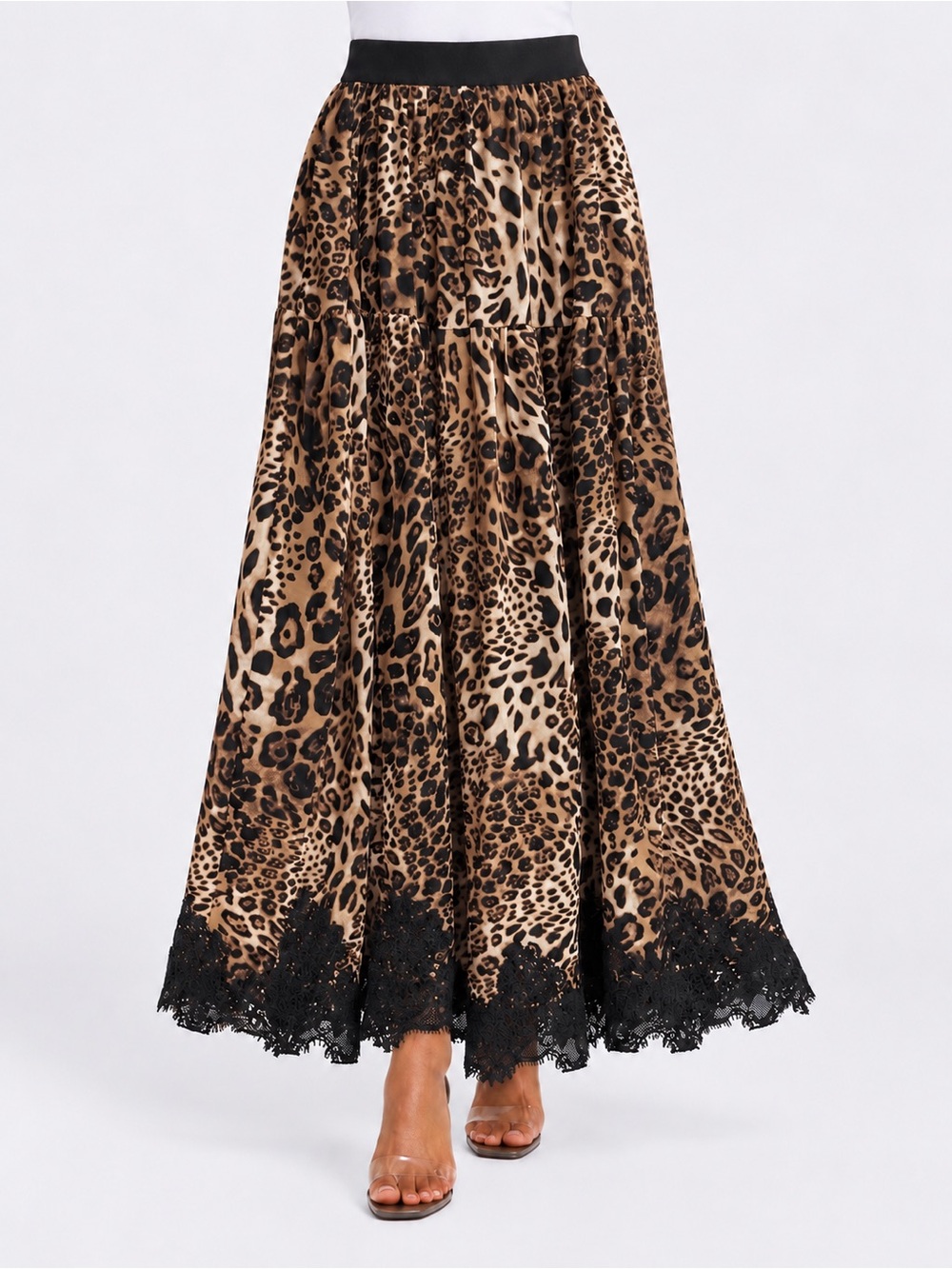 Anewsta Large Leopard Print Maxi Skirt Black Lace Hem High Waist
